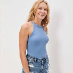 American Eagle High Neck Halter Top Body Suit Blue XL Knit Ribbed Stretch NWT